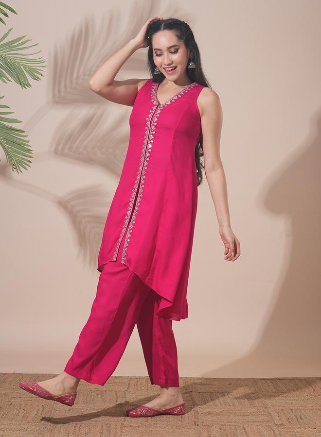 globus Women Pink Embroidered A-Line Kurta with Pant Set - Image 1